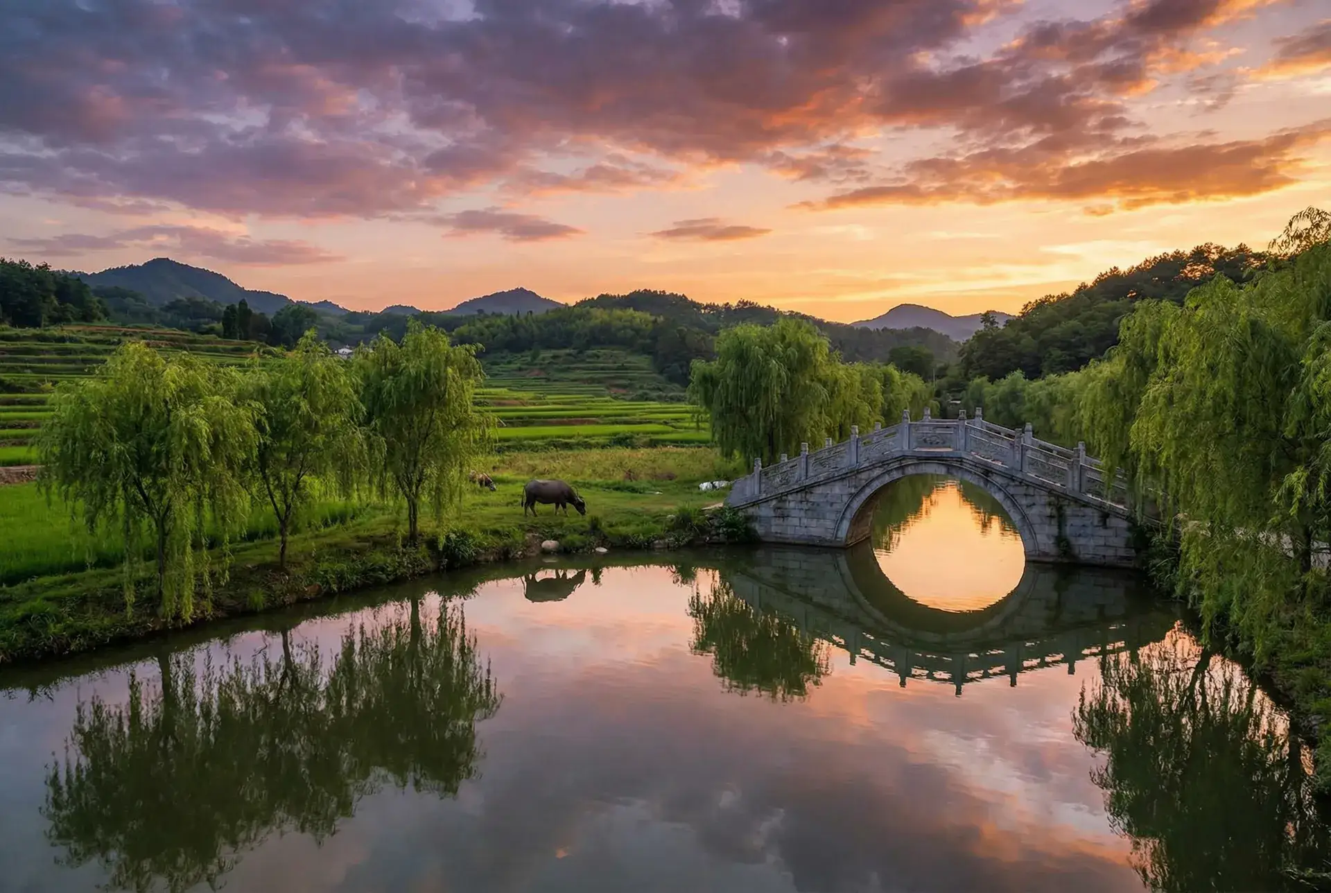 夕阳下的石拱桥与垂柳，水牛在河边吃草 - 电梯粉衣女 乡村美景